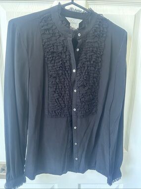Joe Fresh Black Ruffle-Placket Long Sleeve Shirt in 100% silk